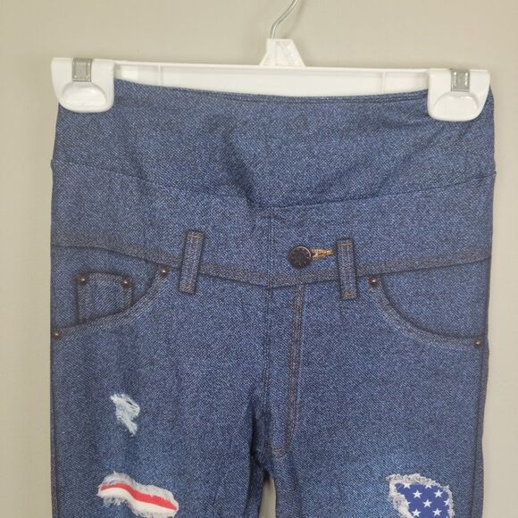 Dren Designs Faux Distressed Denim‎ with American Flag Accents Leggings OS - Picture 3 of 6